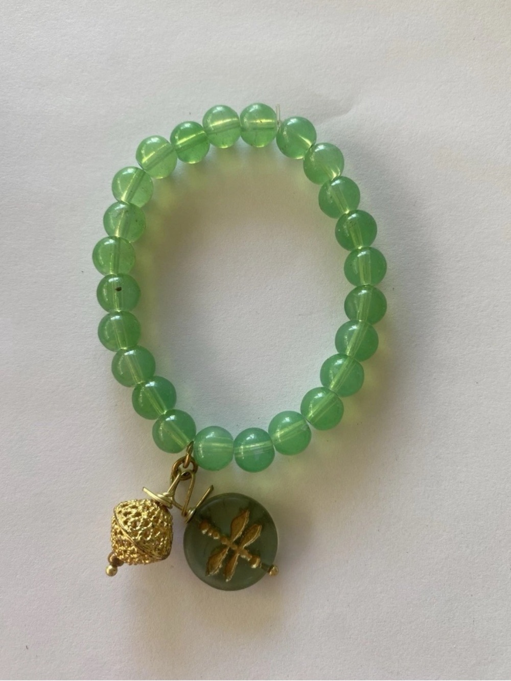 Green Beaded Charm Bracelet with Gold Accents